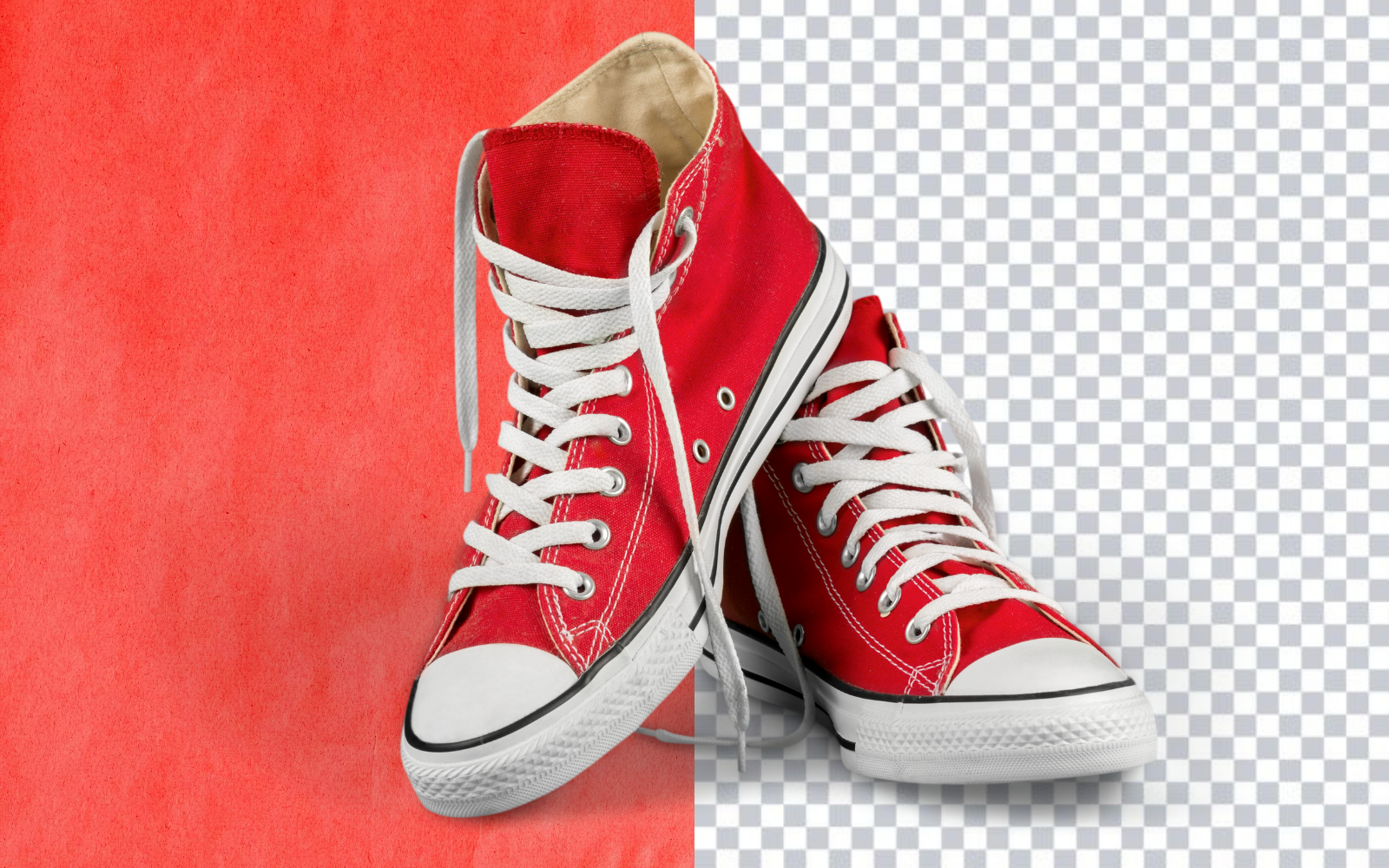 Shoe before and after background removal side by side